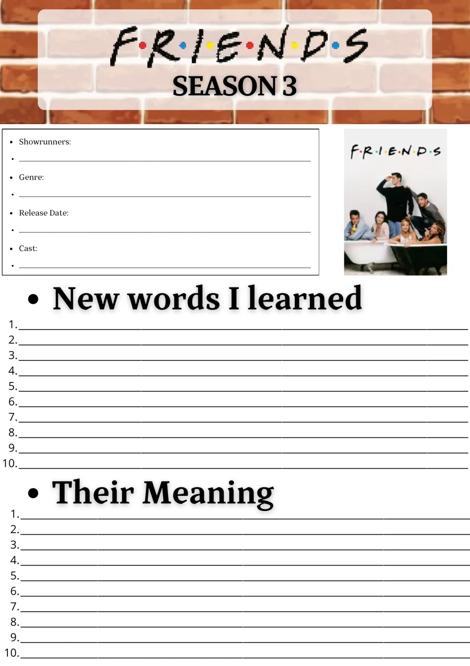 Friends Season 3 show facts: students note showrunners, genre, release date and cast, then list 10 new words and meanings