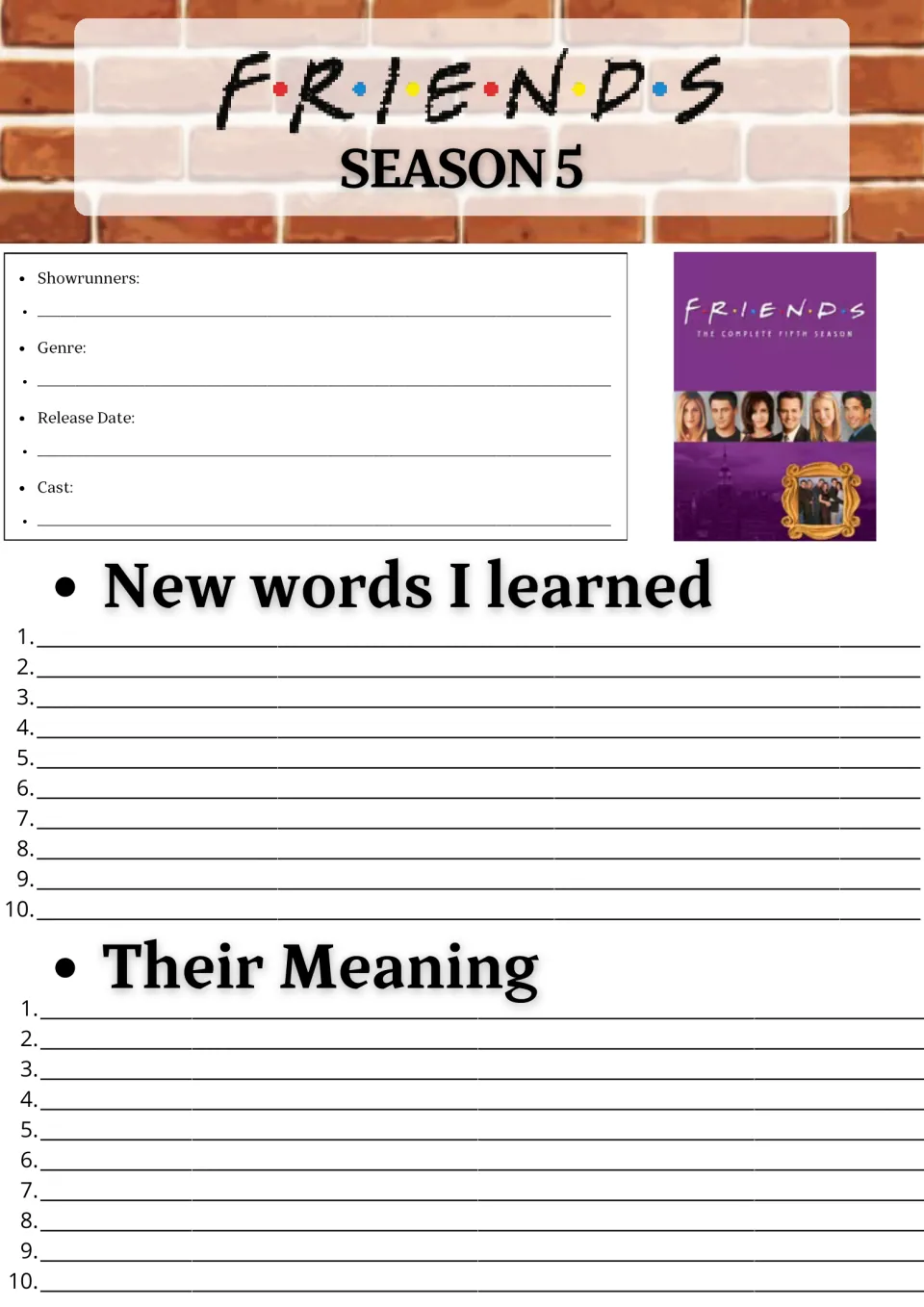 Season 5 vocabulary log: students note showrunners, genre, release date and cast, then list 10 new words and meanings