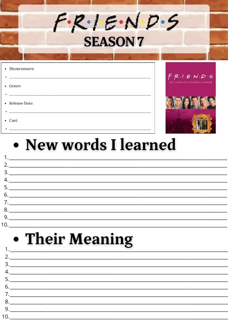 Friends Season 7 show facts: students note showrunners, genre, release date and cast, then list 10 new words and meanings