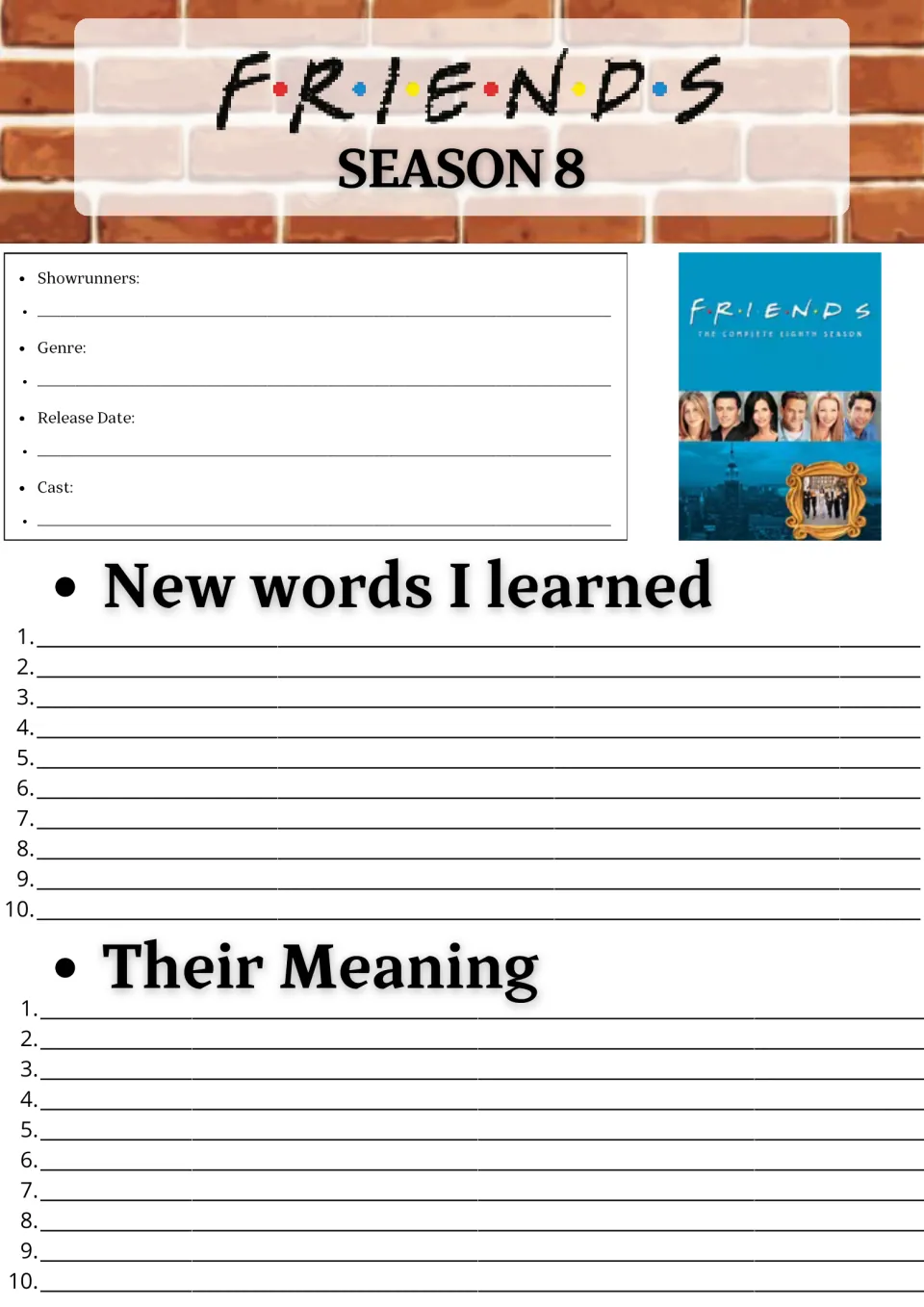 Friends Season 8 show facts: students note showrunners, genre, release date and cast, then list 10 new words and meanings