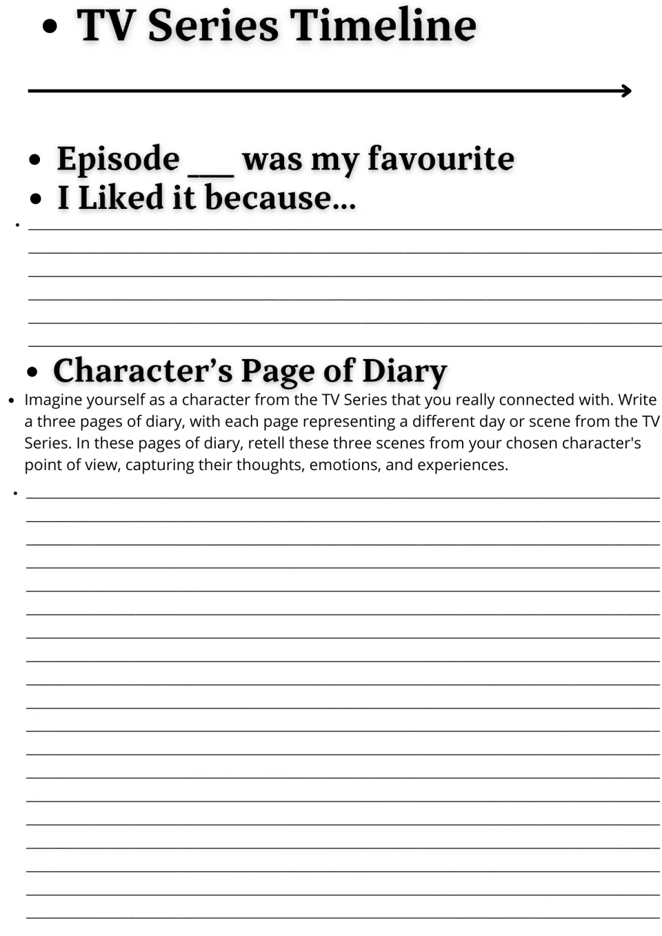 Season 8 reflection: students mark a timeline, explain a favourite episode, then retell three scenes as a character's diary