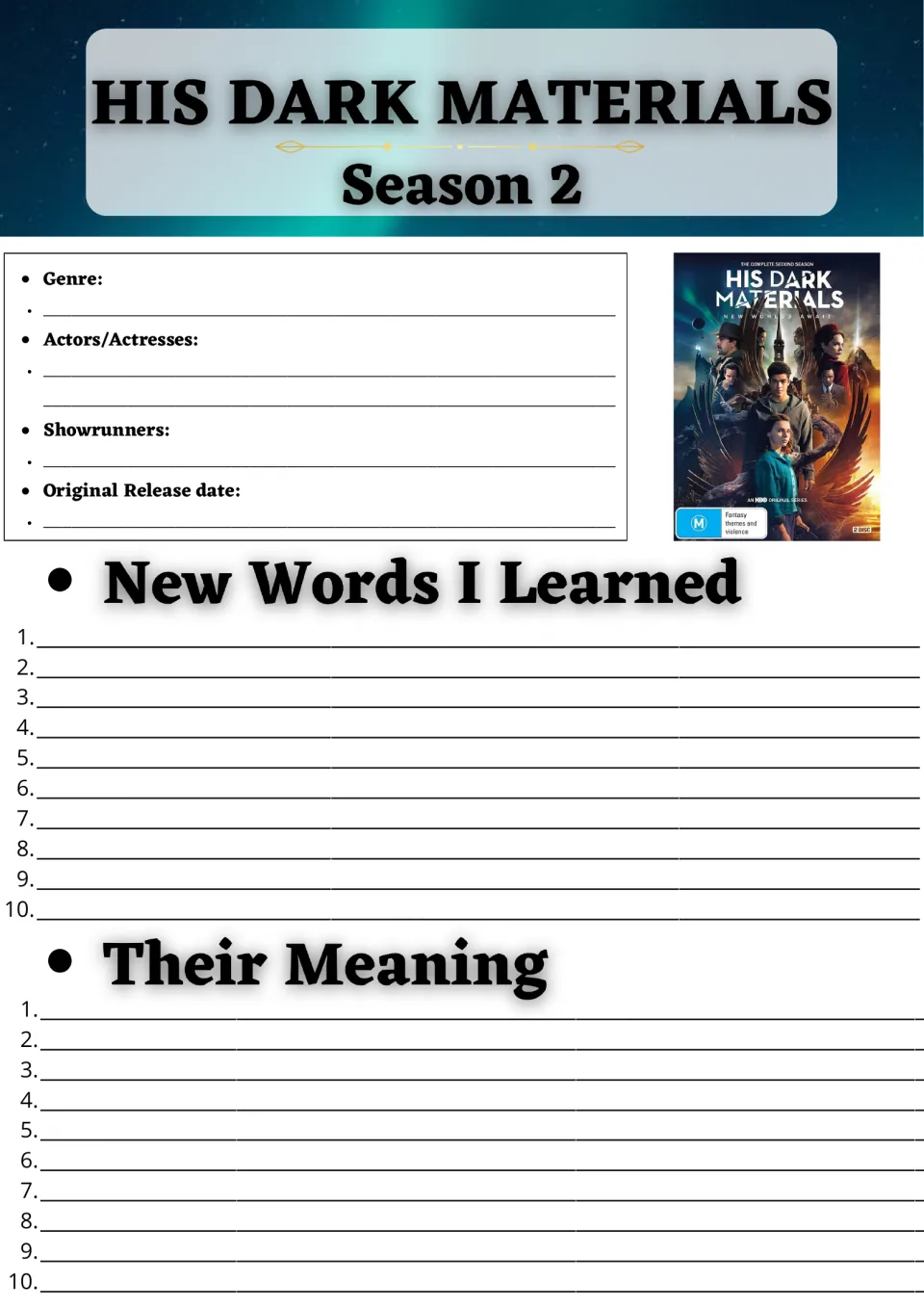 His Dark Materials Season 2 show facts: students note genre, actors and release date, then list 10 new words and meanings