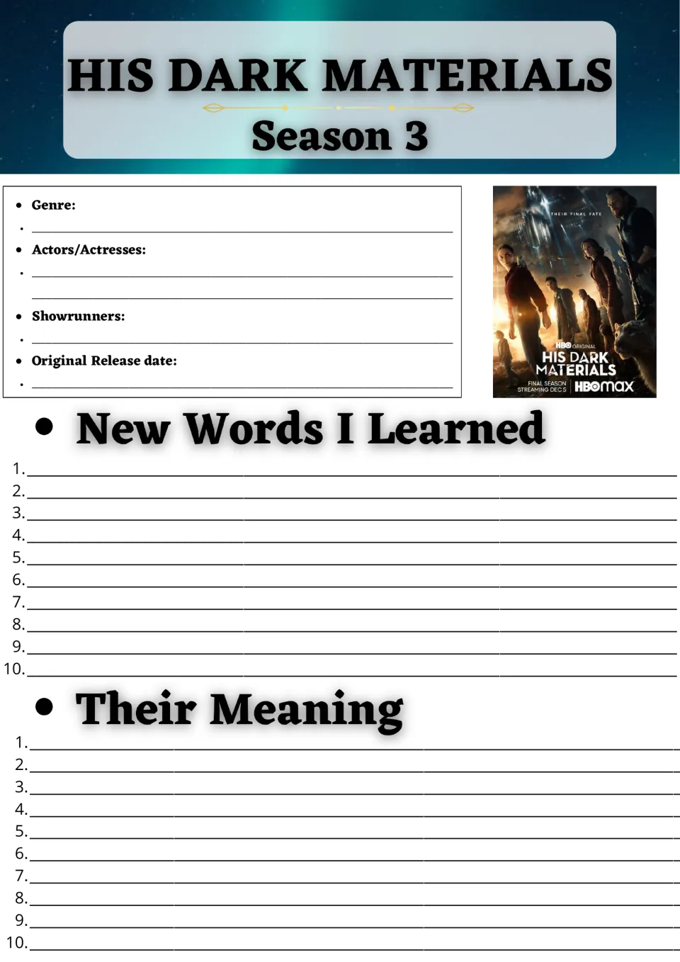 His Dark Materials Season 3 show facts: students note genre, cast and release date, then list 10 new words and meanings
