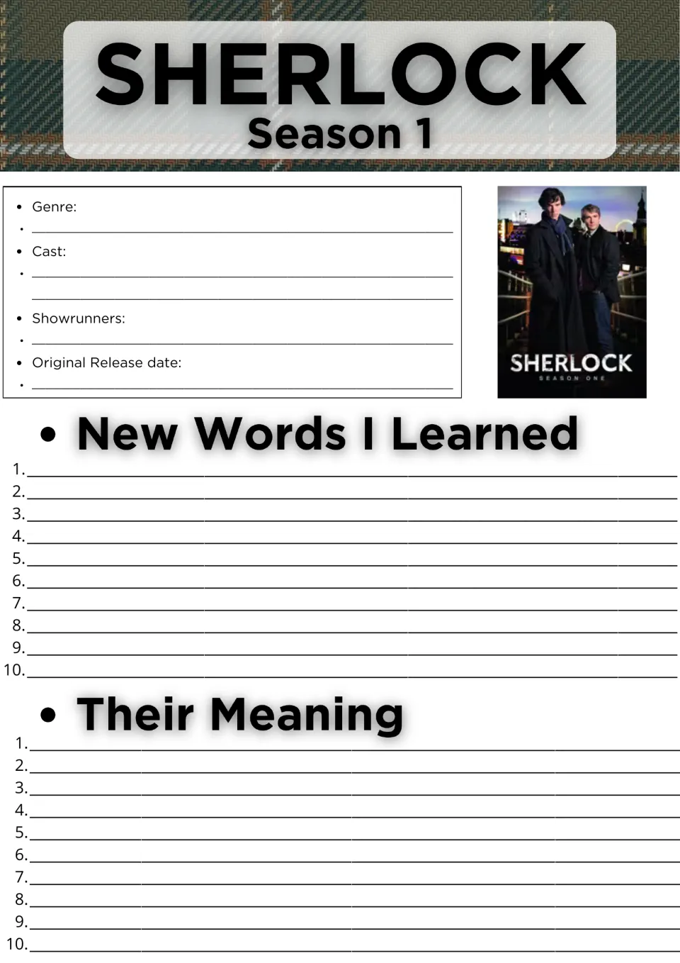 Sherlock Season 1 facts and vocabulary: students note genre, cast and release date, then list 10 new words and meanings