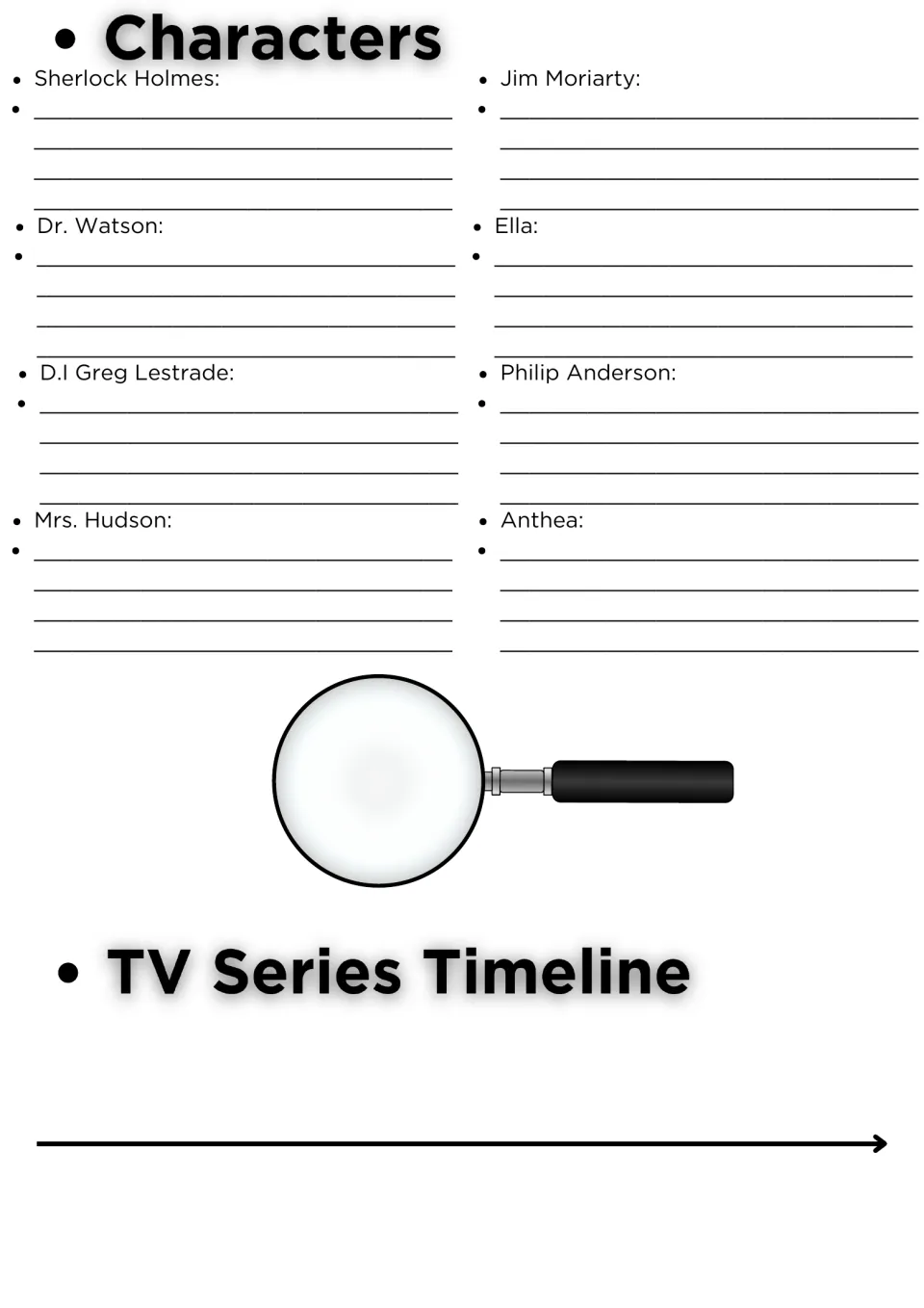 Sherlock characters: students describe Holmes, Watson, Lestrade, Mrs. Hudson, Moriarty and others, then fill a timeline