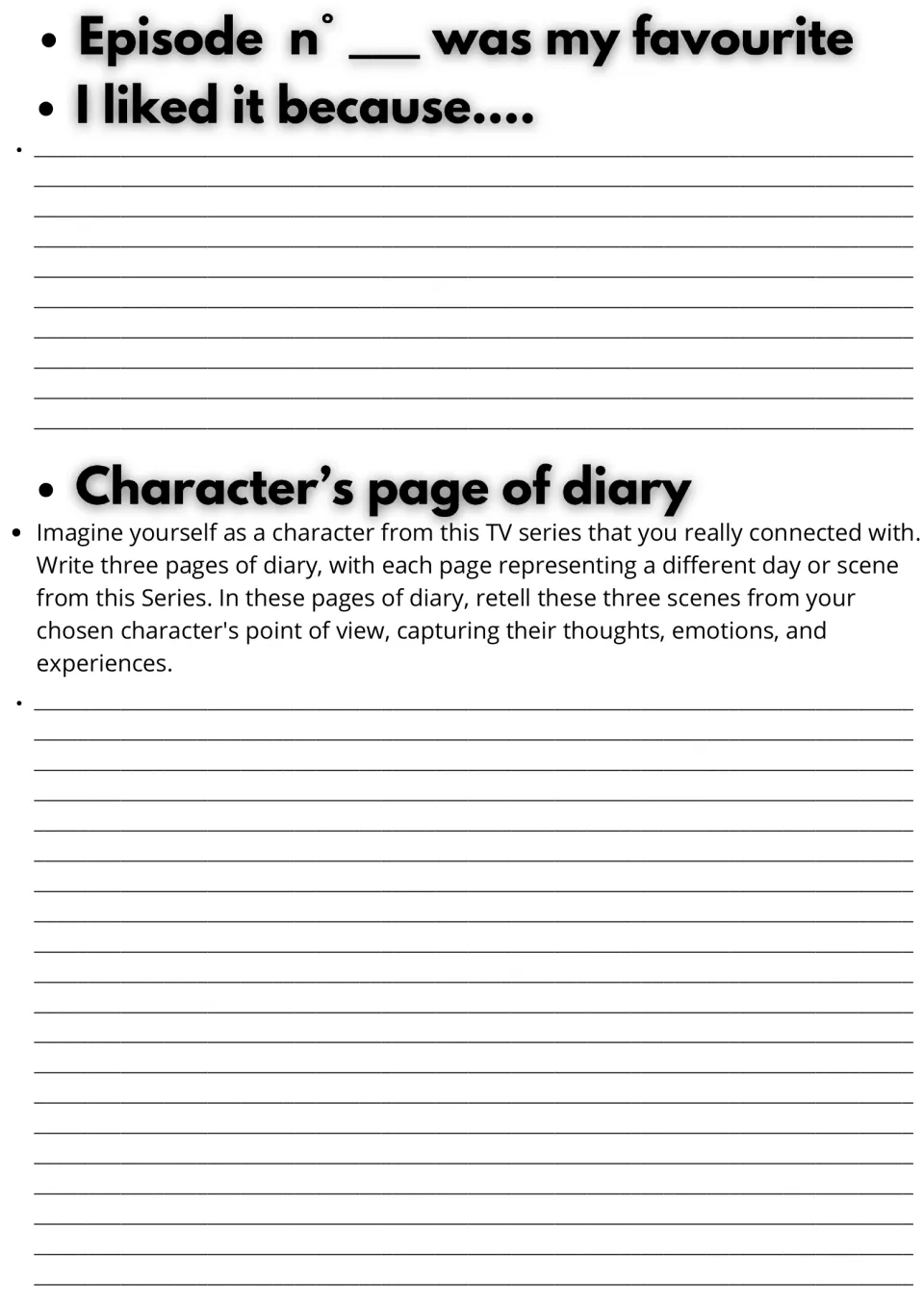 Episode opinion and diary writing: students explain a favourite episode, then retell three scenes as a character's diary
