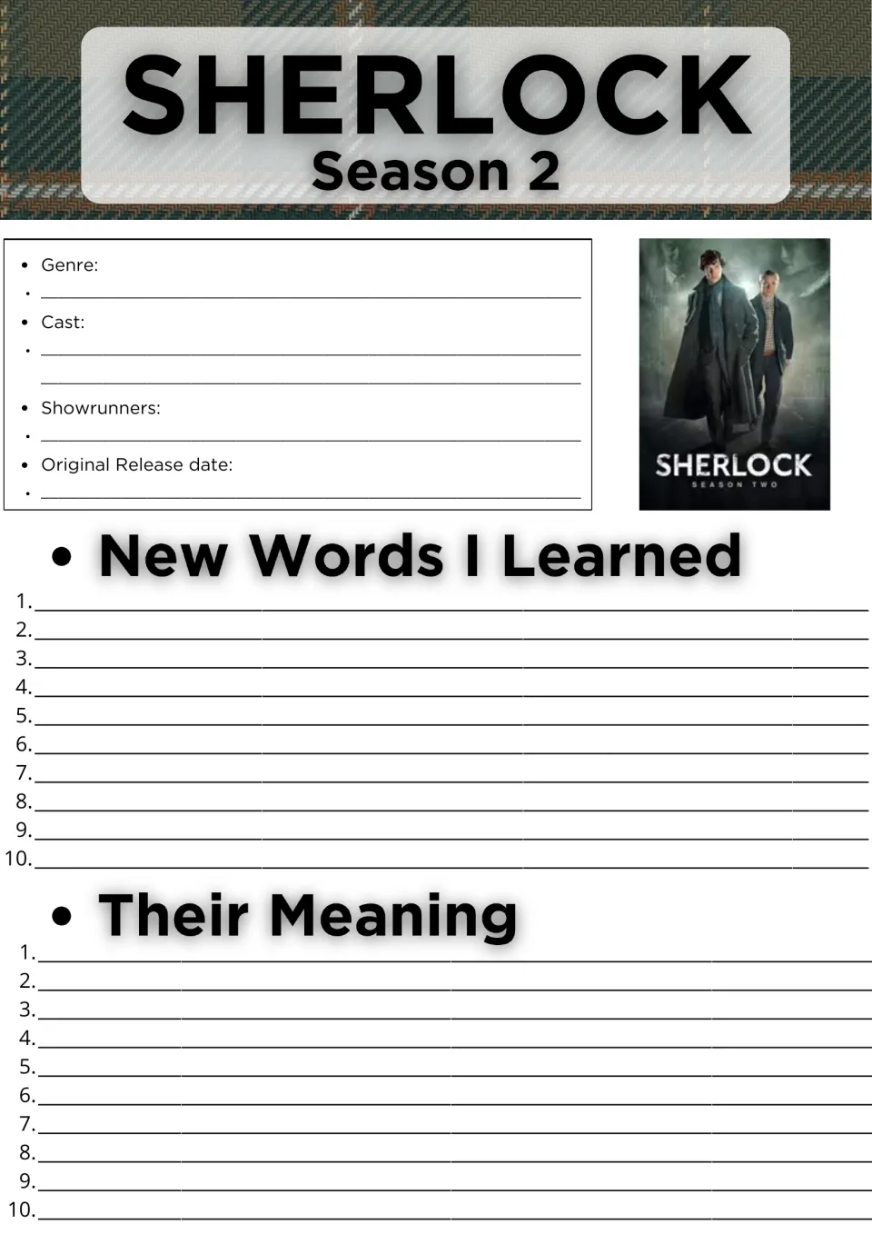 Sherlock Season 2 fact file and vocabulary log: students note genre, cast and release date, list 10 new words and meanings