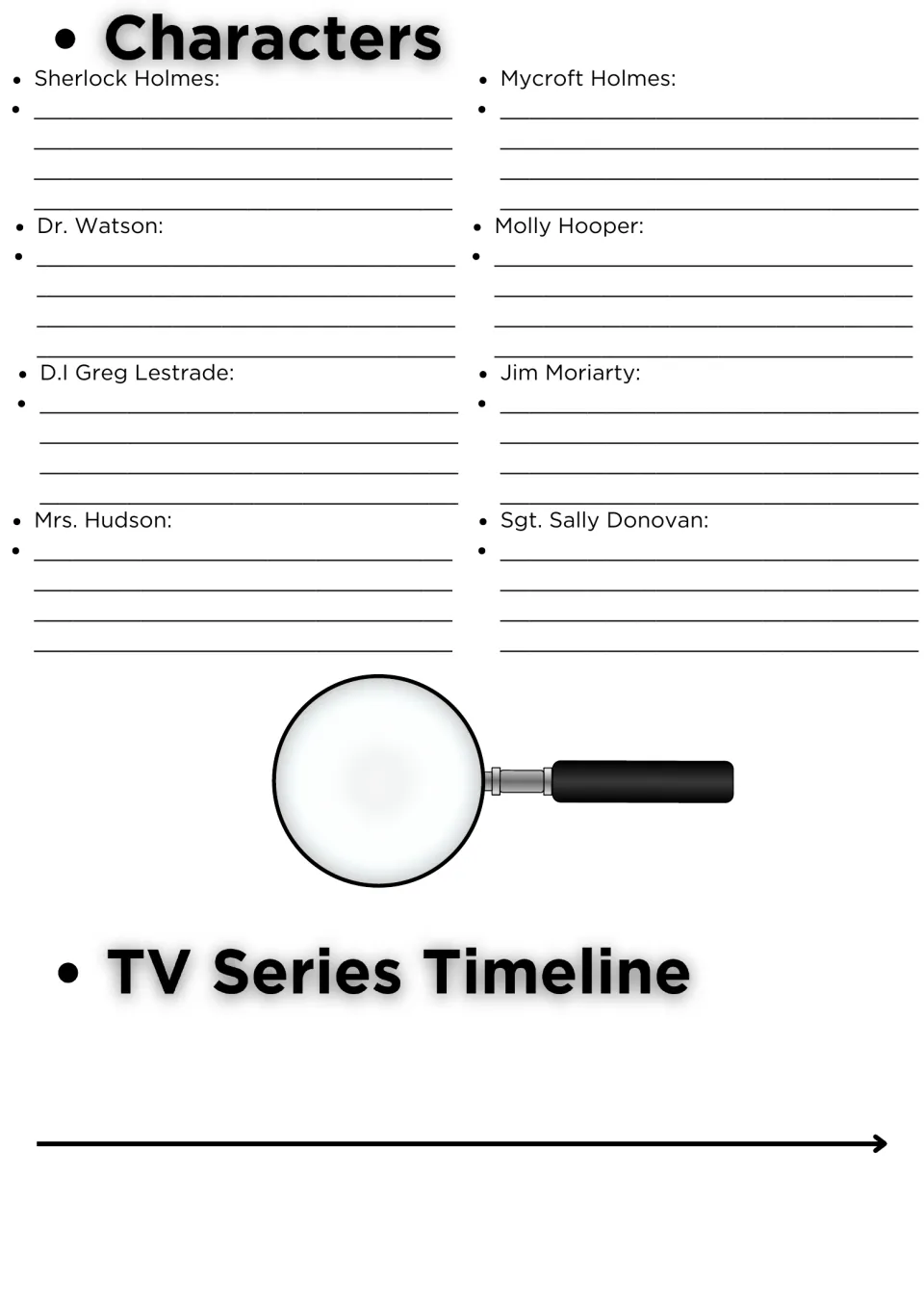 Character notes on Sherlock, Watson, Mycroft, Moriarty and others, plus a TV Series Timeline for sequencing plot events