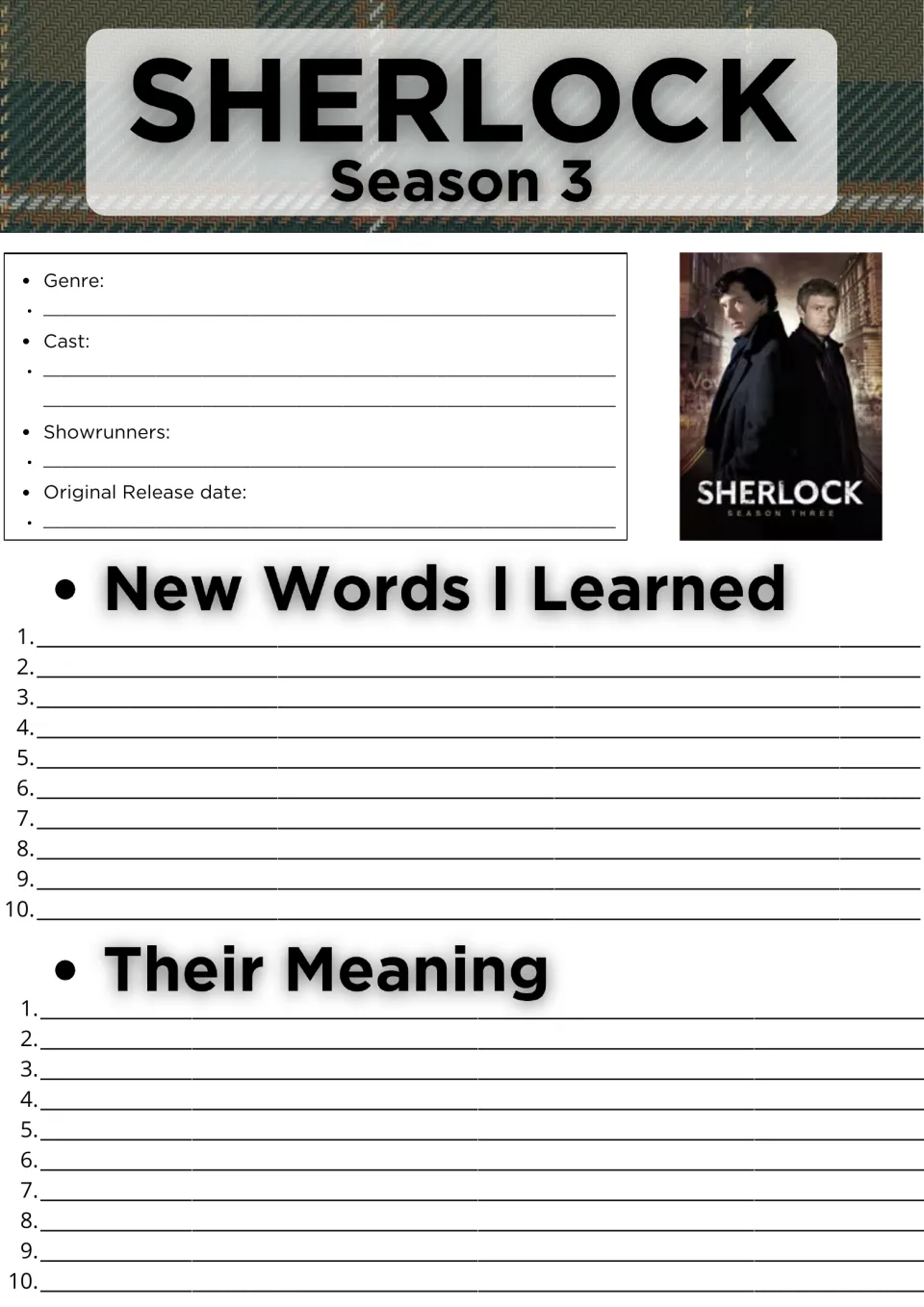 Sherlock Season 3 show facts: students note genre, cast and release date, then list 10 new words and their meanings