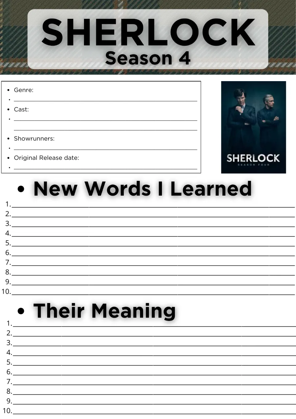 Sherlock Season 4 vocabulary log: students note genre, cast and release date, then list 10 new words and their meanings