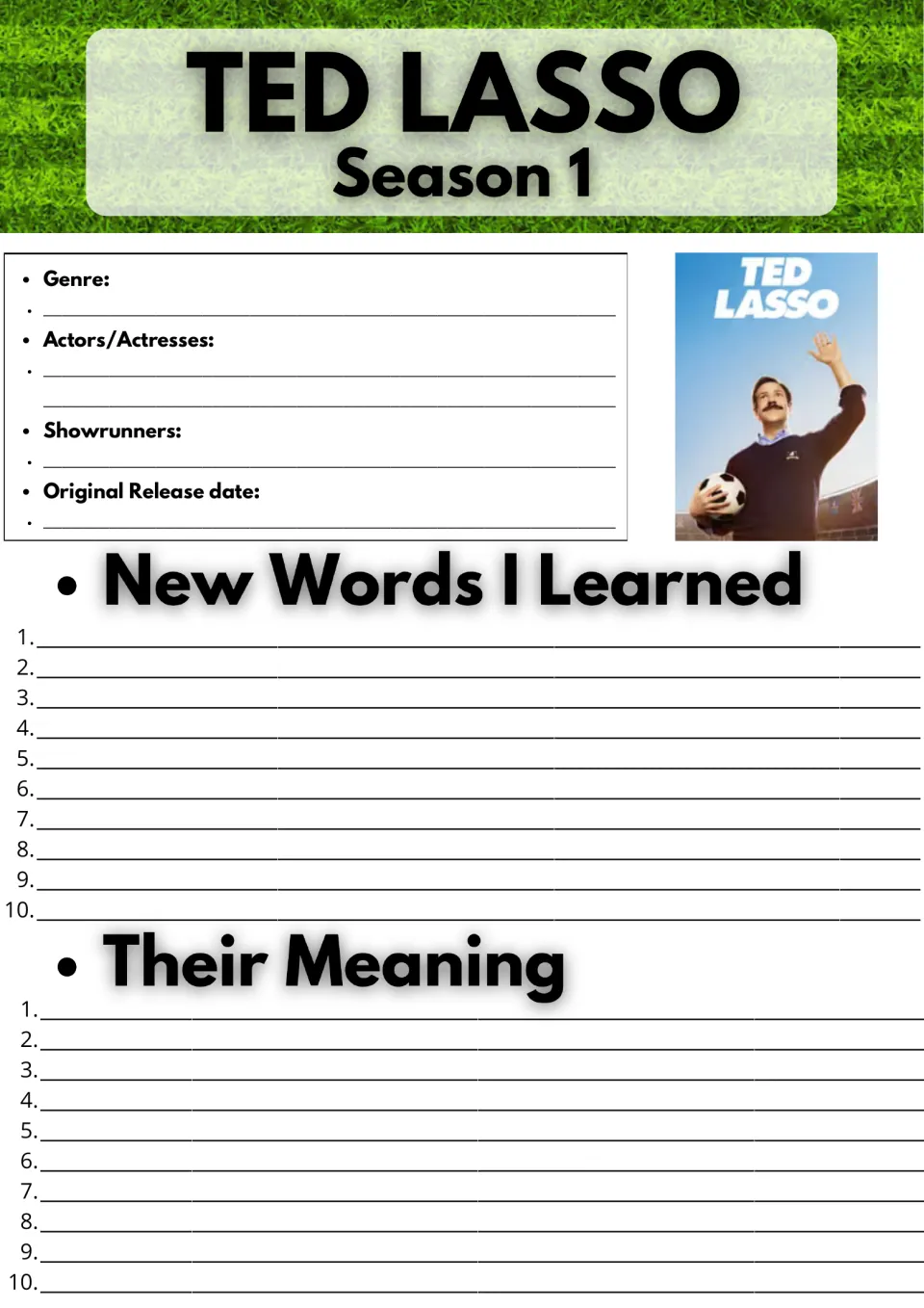 Ted Lasso Season 1 facts and vocabulary: students note genre, actors and release date, then list 10 new words and meanings