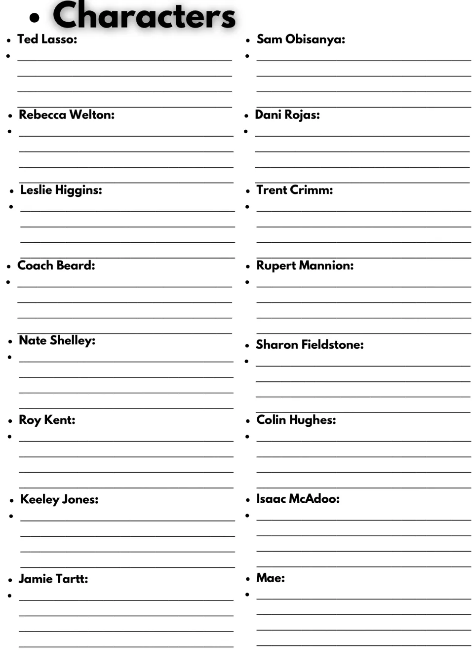 Characters: students write notes on 16 Ted Lasso characters, including Rebecca Welton, Roy Kent and Keeley Jones