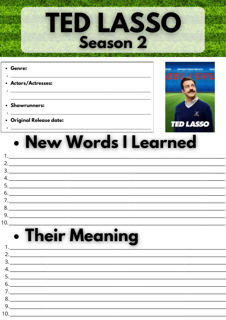 Ted Lasso Season 2 show facts: students record genre, actors and release date, then list 10 new words and their meanings