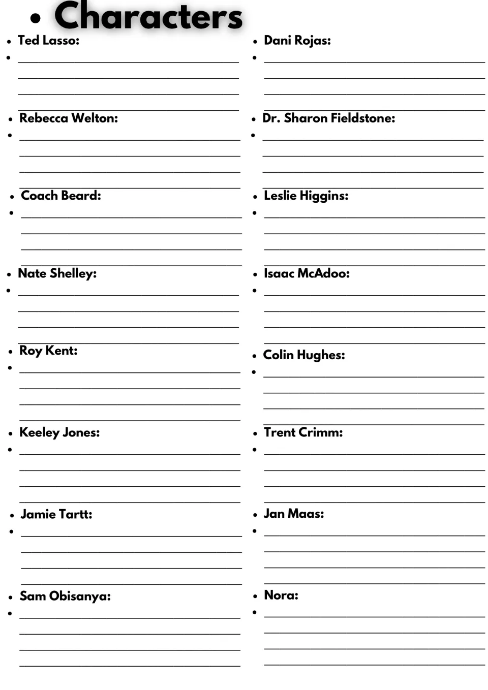 Character notes: students describe 16 characters such as Rebecca Welton, Roy Kent, Keeley Jones and Dr. Sharon Fieldstone
