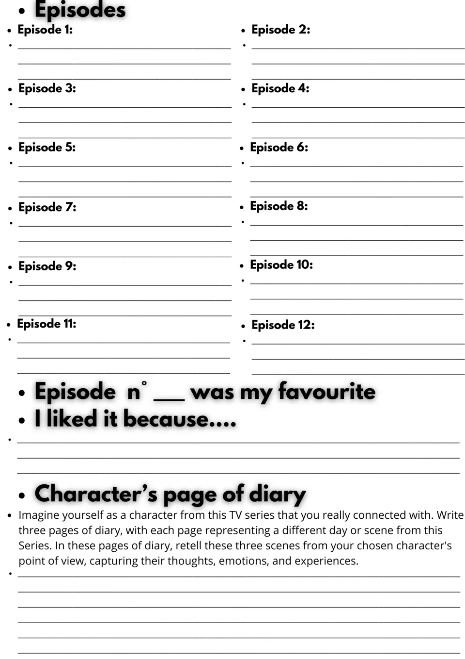 Episode recaps 1 to 12, a favourite-episode opinion, and three diary entries retelling scenes from a character's view