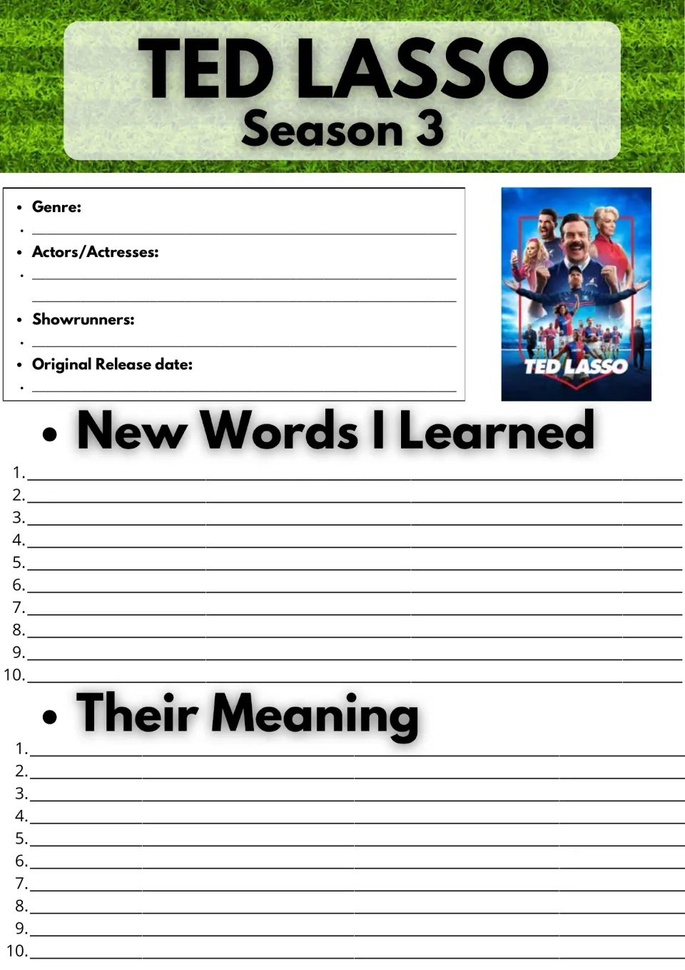 Ted Lasso Season 3 fact sheet: students note genre, cast, showrunners and release date and list 10 new words with meanings