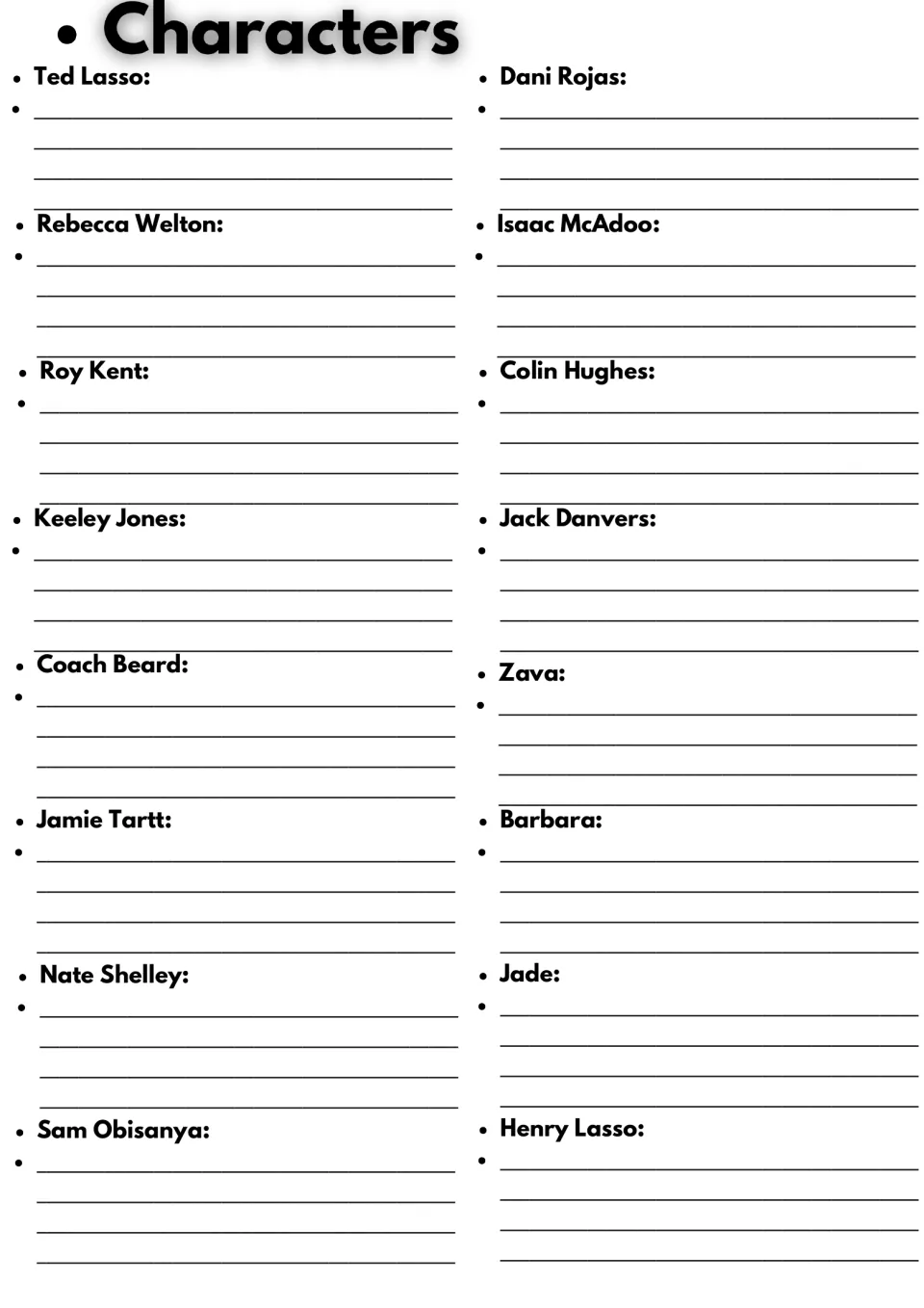 Character notes: students describe 16 Season 3 characters, including Rebecca Welton, Roy Kent, Keeley Jones and Zava