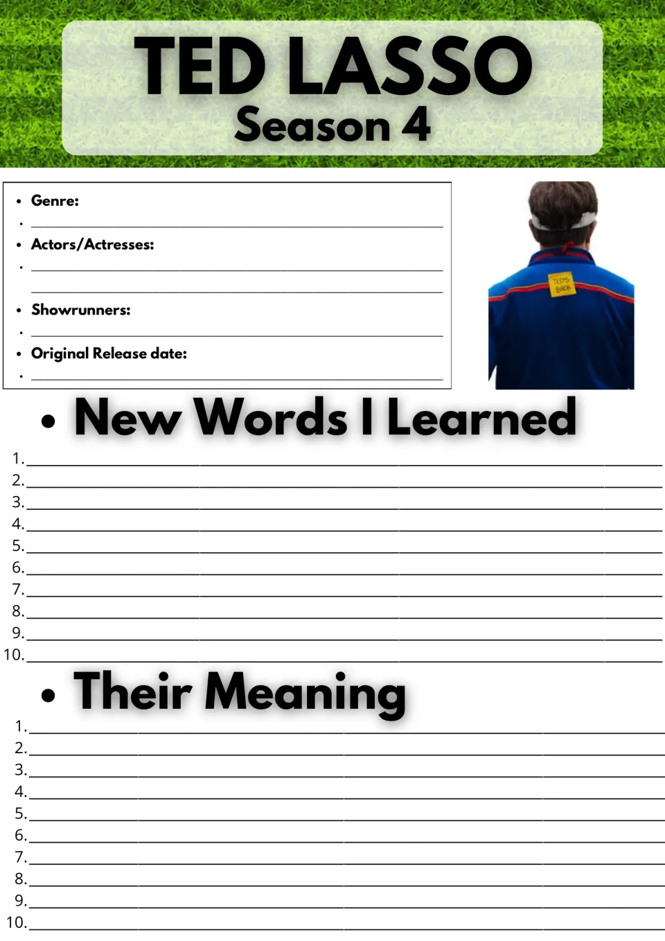 Ted Lasso Season 4 show facts: students note genre, actors and release date, then list 10 new words and their meanings
