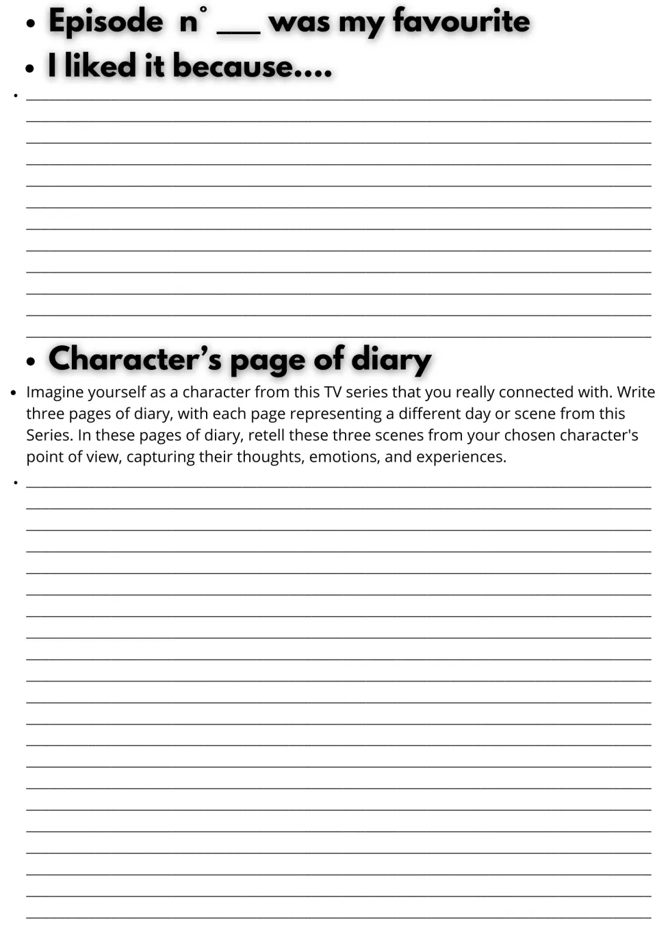 Favourite episode and diary writing: students explain why they liked an episode, then retell three scenes as a character