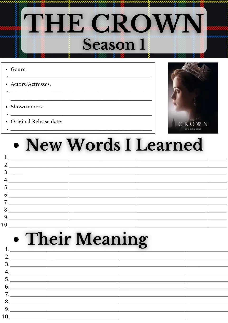The Crown Season 1 facts and vocabulary: students note genre, cast and release date, then list 10 new words and meanings
