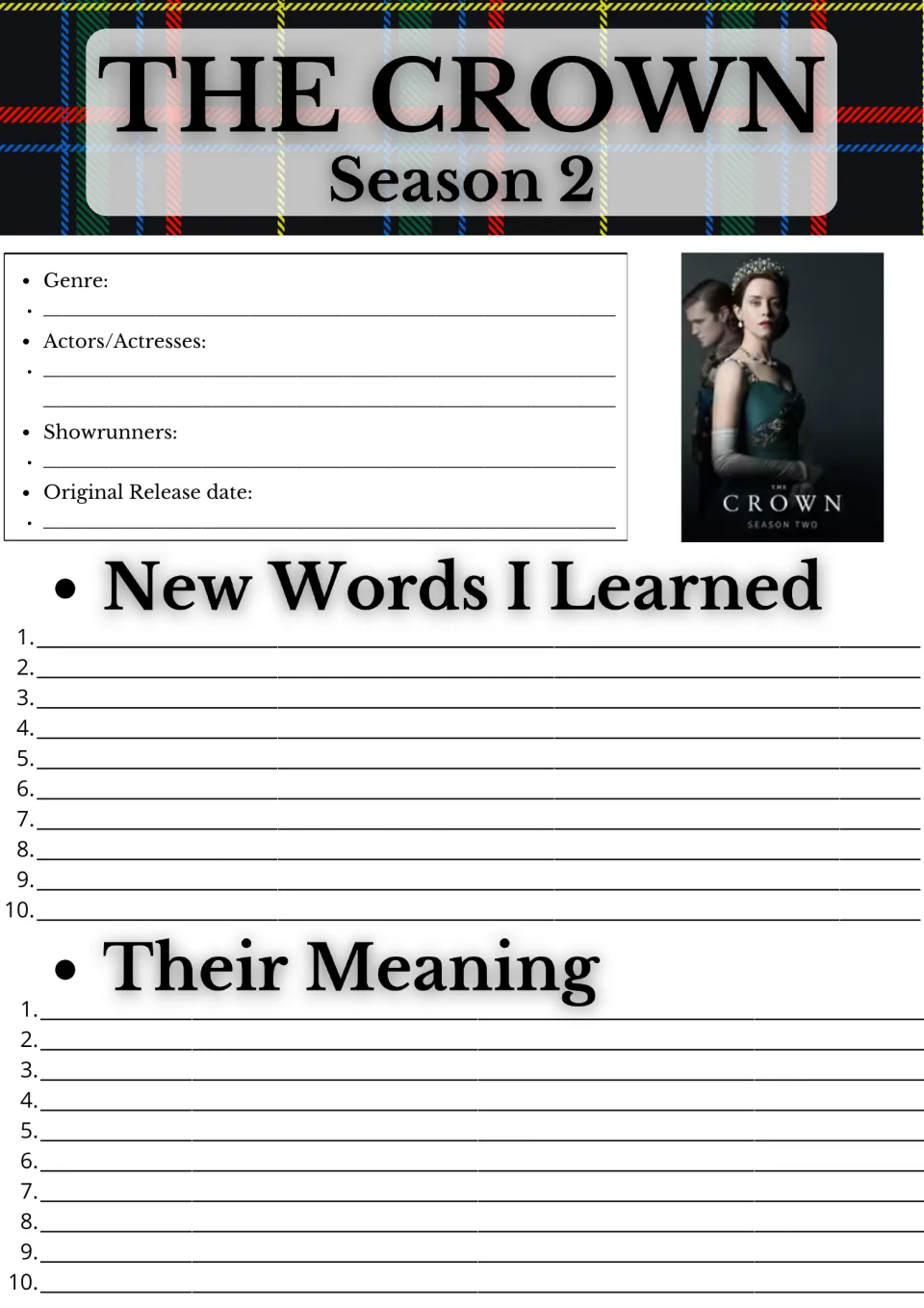 The Crown Season 2 show facts: students note genre, actors, showrunners, release date, then 10 new words and meanings