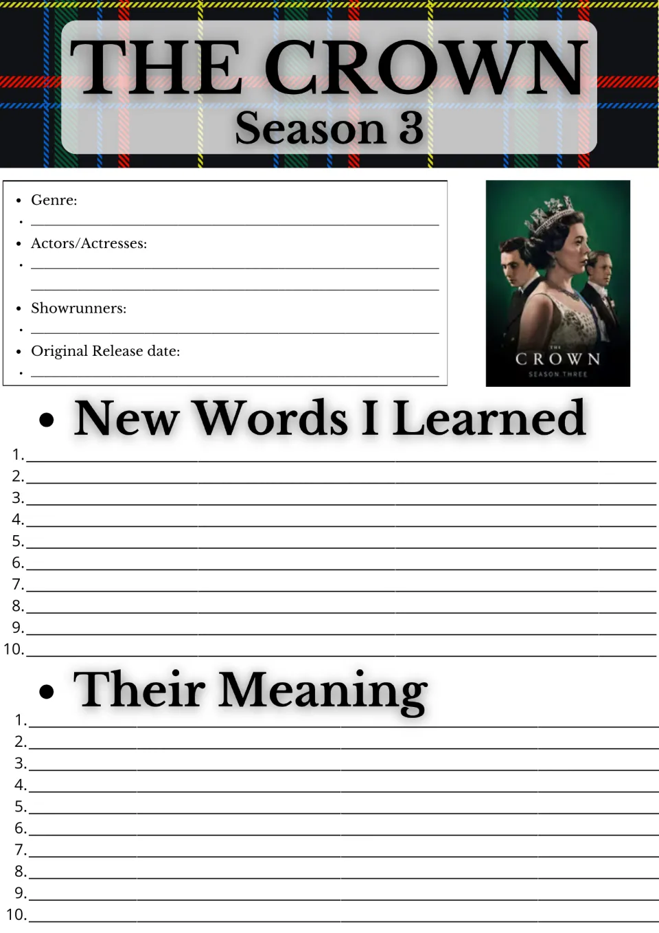 The Crown Season 3 show facts and vocabulary: students note genre and cast, list 10 new words and write their meanings