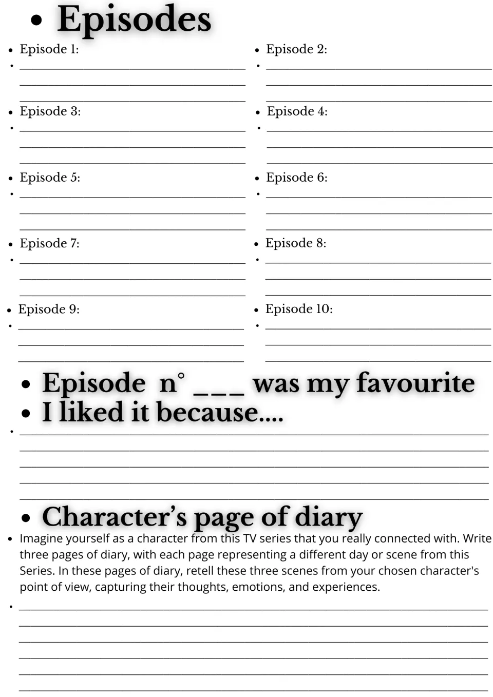 Episodes 1 to 10 summaries, a favourite-episode opinion with reasons, and a diary retelling three scenes as a character