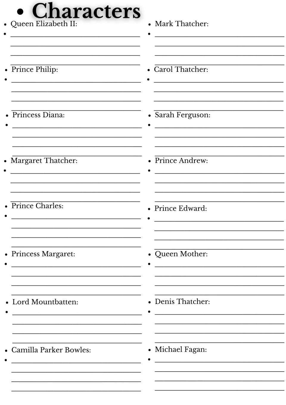Characters: students write notes on 16 people, including Queen Elizabeth II, Princess Diana and Margaret Thatcher