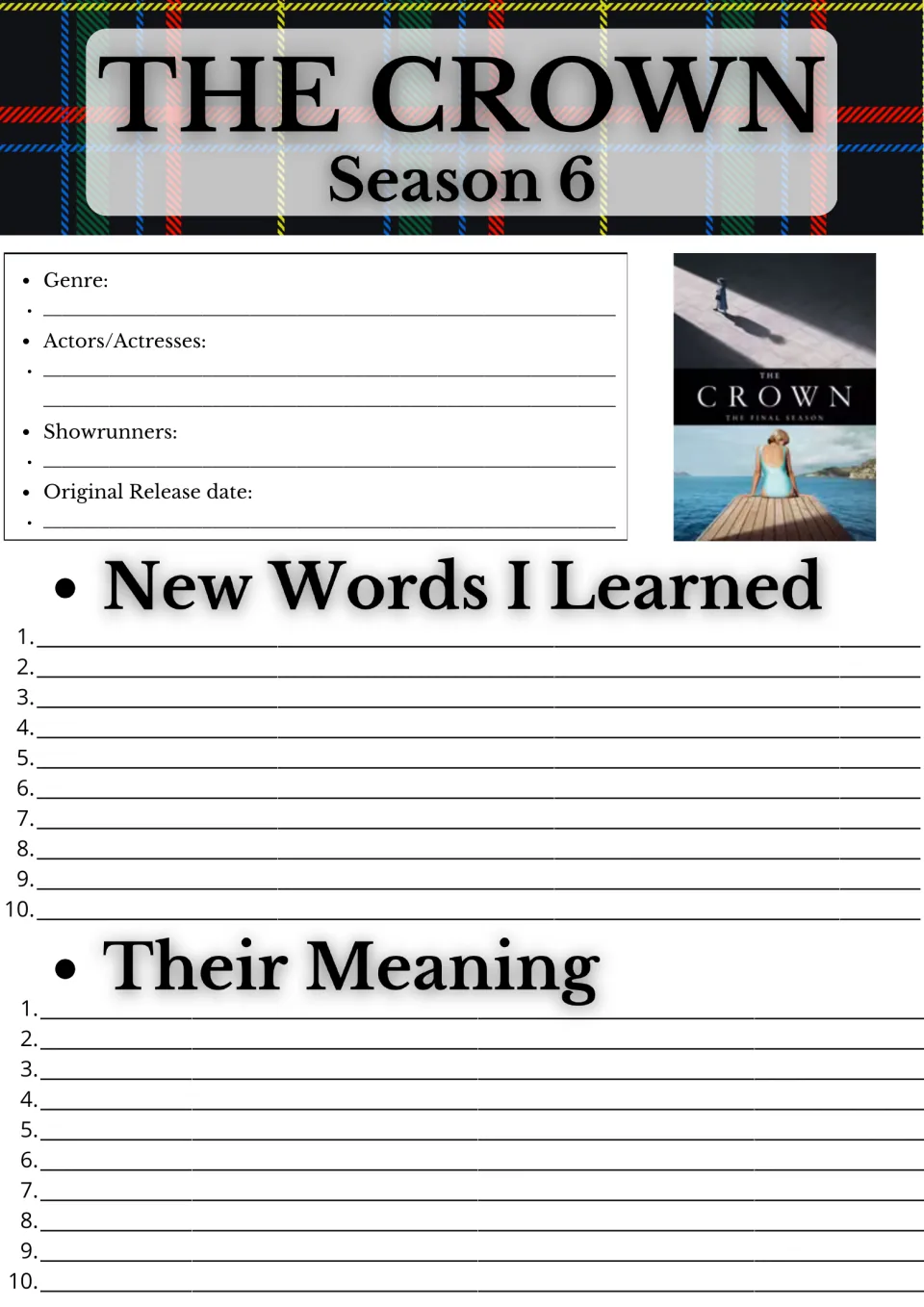 The Crown Season 6 show facts and vocabulary: students note genre and cast, then list 10 new words and their meanings