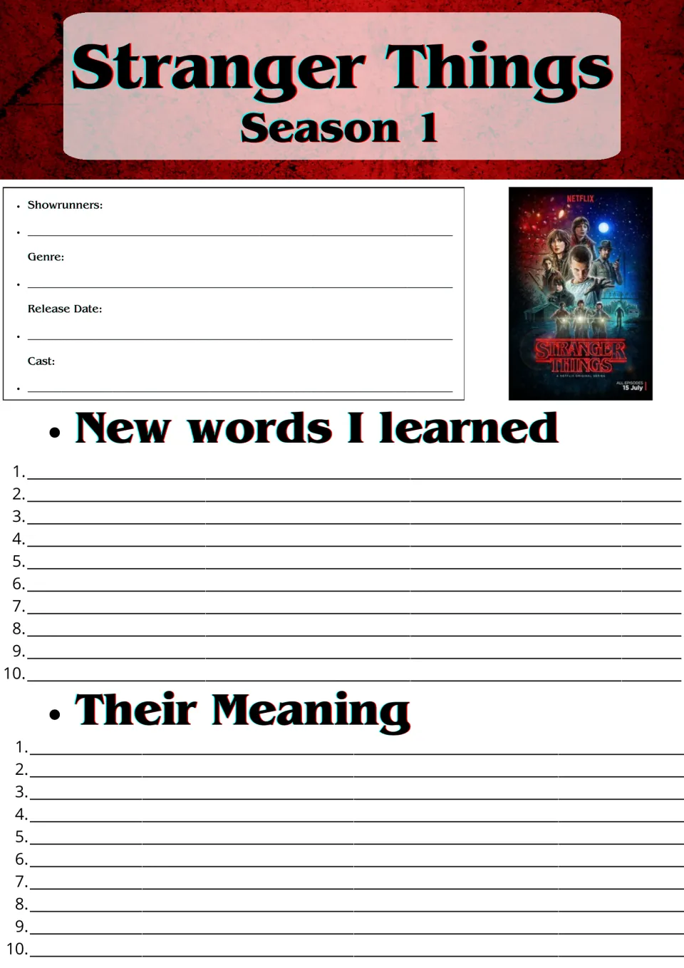 Stranger Things Season 1 show facts and vocabulary: students note showrunners, genre, cast and 10 new words with meanings