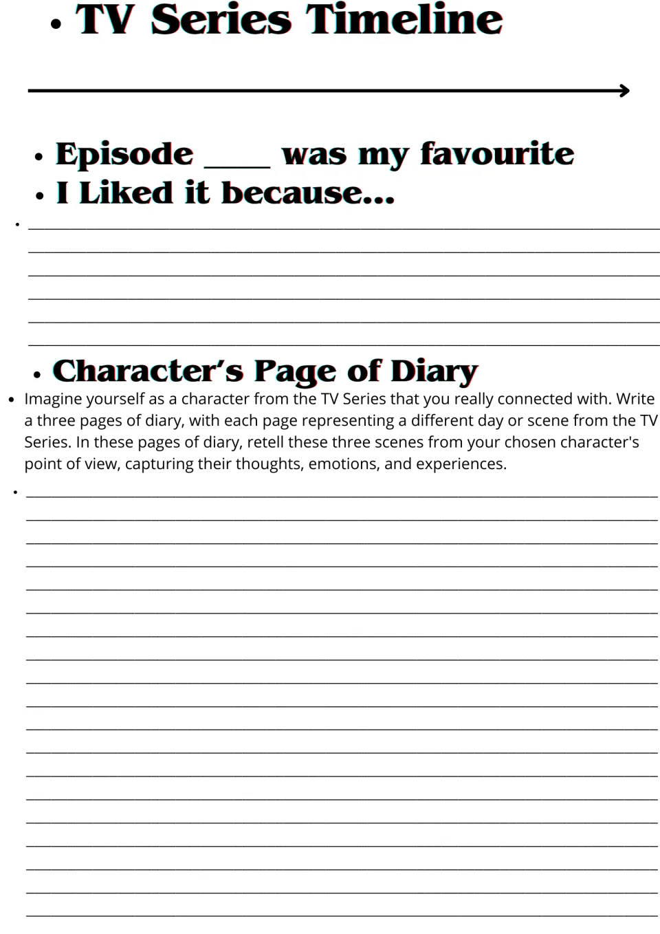 Series timeline and favourite episode, then diary writing: students retell three scenes from a chosen character's view