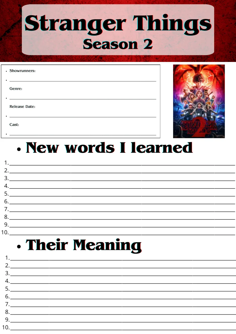 Stranger Things Season 2 fact sheet and vocabulary log: students note genre and cast, then list 10 new words with meanings