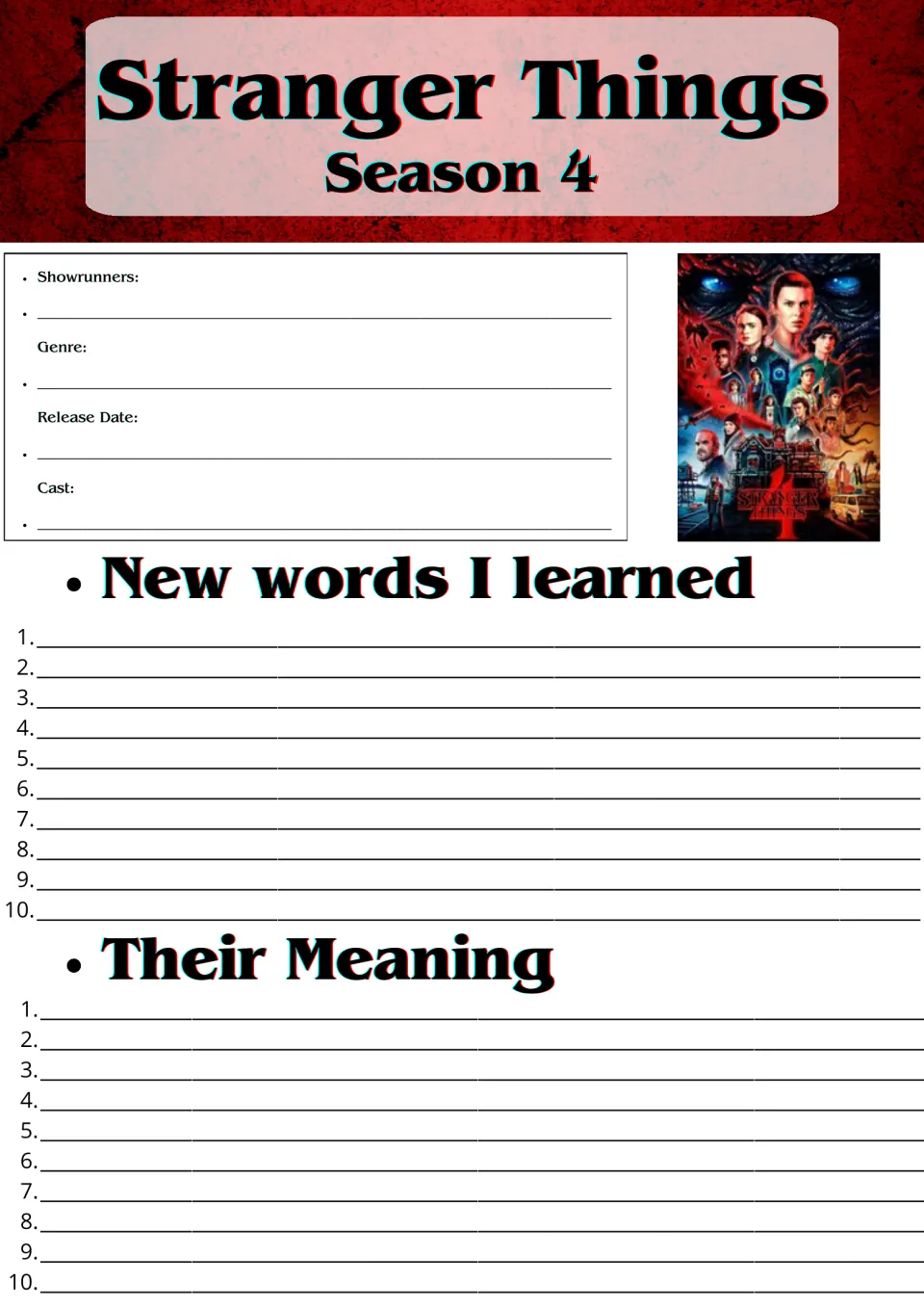 Stranger Things Season 4 show facts and vocabulary: students note showrunners, genre and cast, then list 10 new words