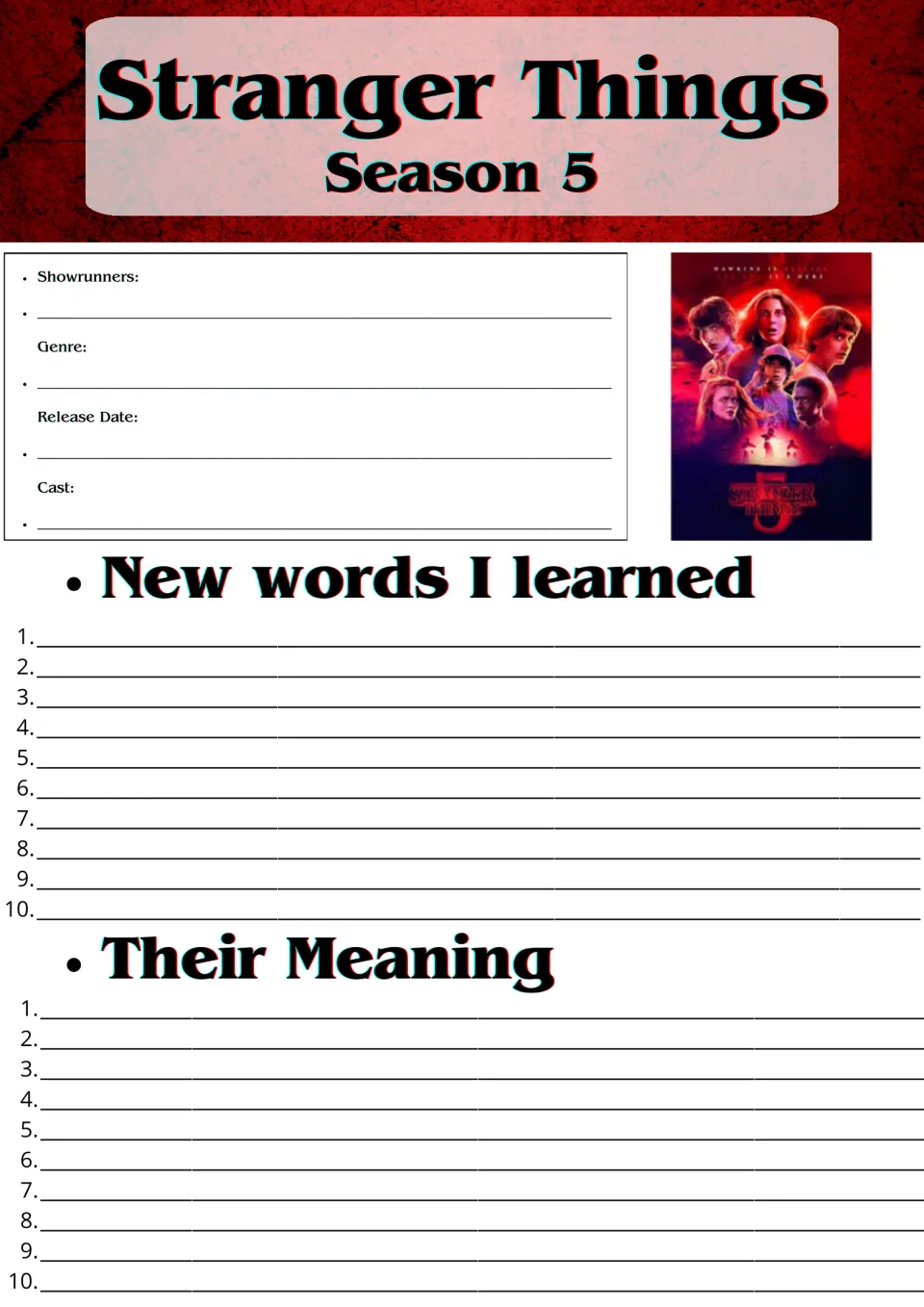 Stranger Things Season 5 show facts and vocabulary: students note showrunners, genre, cast, then 10 new words and meanings