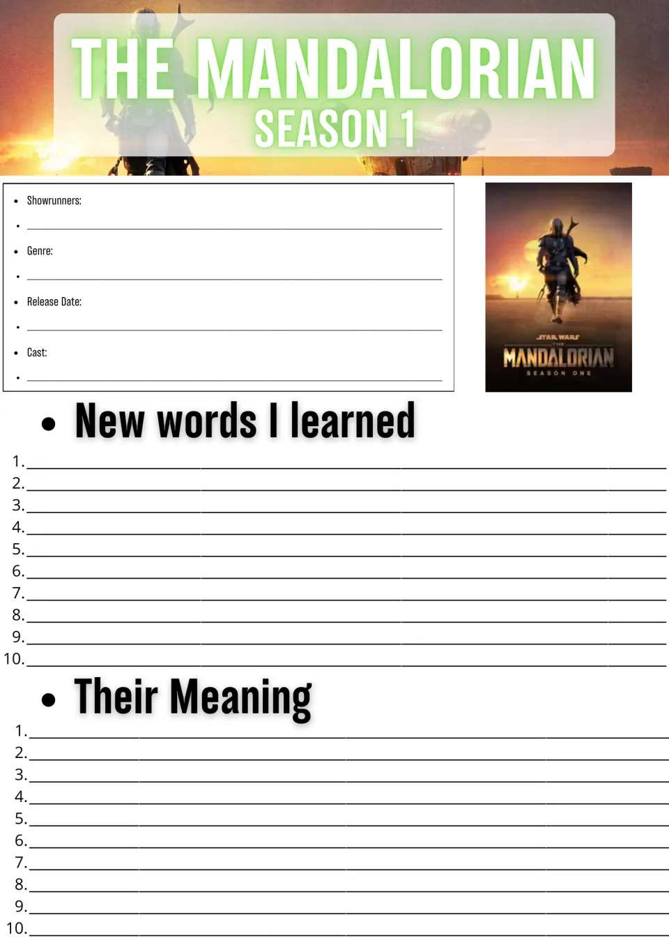 The Mandalorian Season 1 show facts: students note showrunners, genre, release date and cast, then list 10 new words