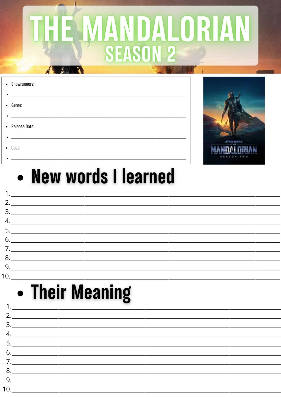 Mandalorian Season 2 facts and vocabulary: students note showrunners, genre and cast, then 10 new words and meanings