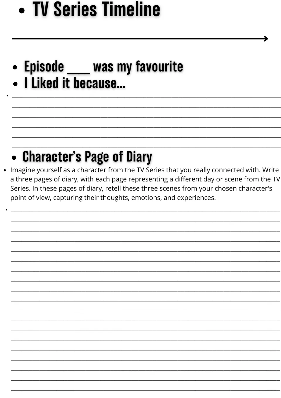 Show response writing: students name a favourite episode and why, then retell three scenes in a character's diary
