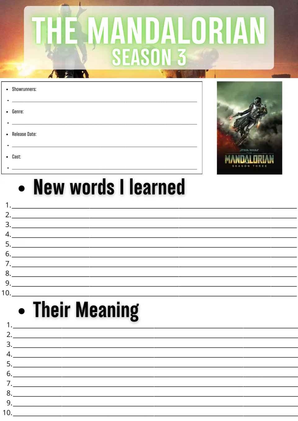 The Mandalorian Season 3 fact sheet: students note showrunners, genre, release date and cast, then list 10 new words