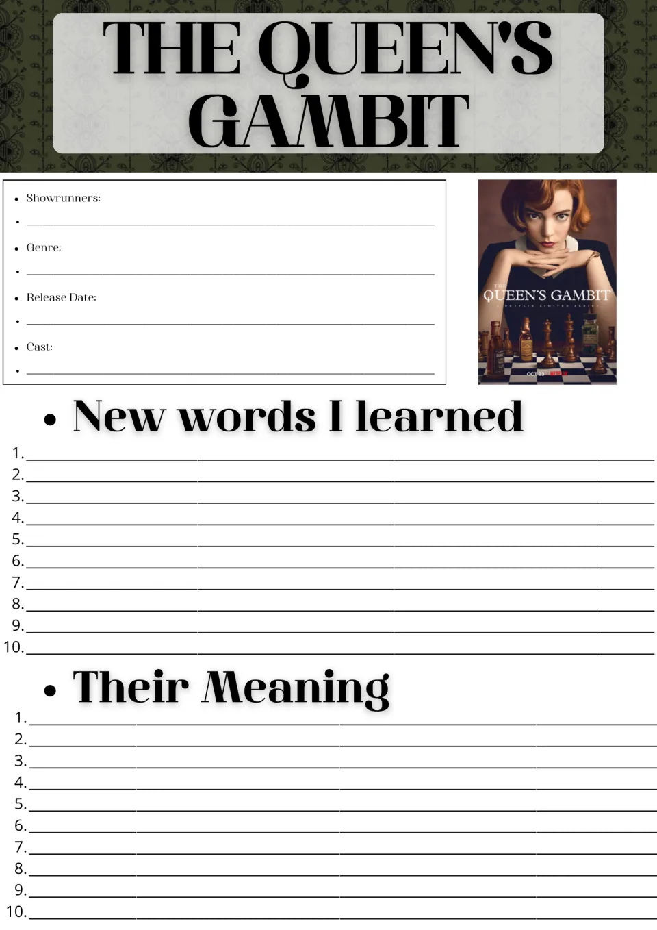 The Queen's Gambit show facts: students note showrunners, genre, release date and cast, then list 10 new words and meanings