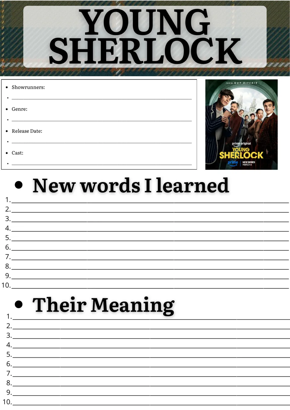 Young Sherlock show facts and vocabulary: students note showrunners, genre, release date, cast, 10 new words and meanings