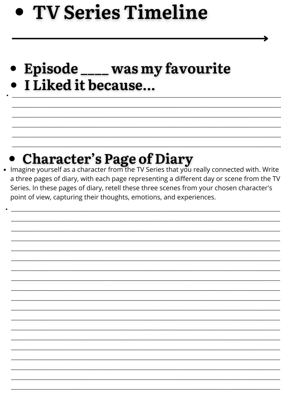 Series response: students build an episode timeline, explain a favourite episode and write 3 diary entries as a character
