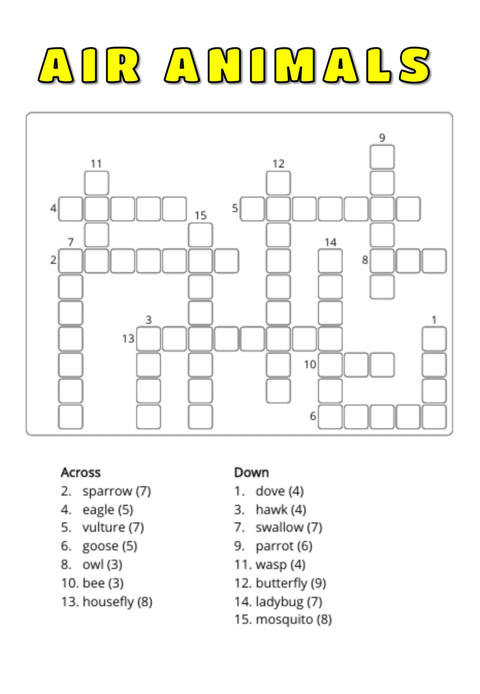 Air Animals crossword: students fill in 15 flying animals, sparrow to mosquito, from numbered clues with letter counts