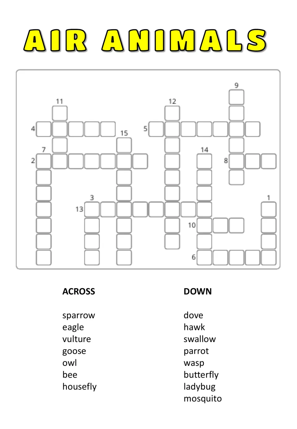 Air Animals crossword: students place birds and insects using unnumbered Across and Down word lists, such as eagle and wasp
