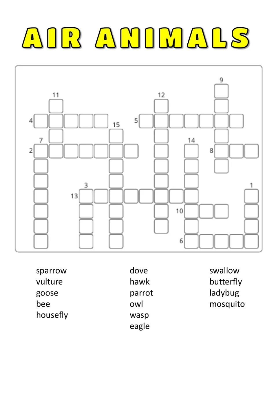 Air Animals crossword: students use a mixed word bank of 15 birds and insects, like owl and bee, to place each word