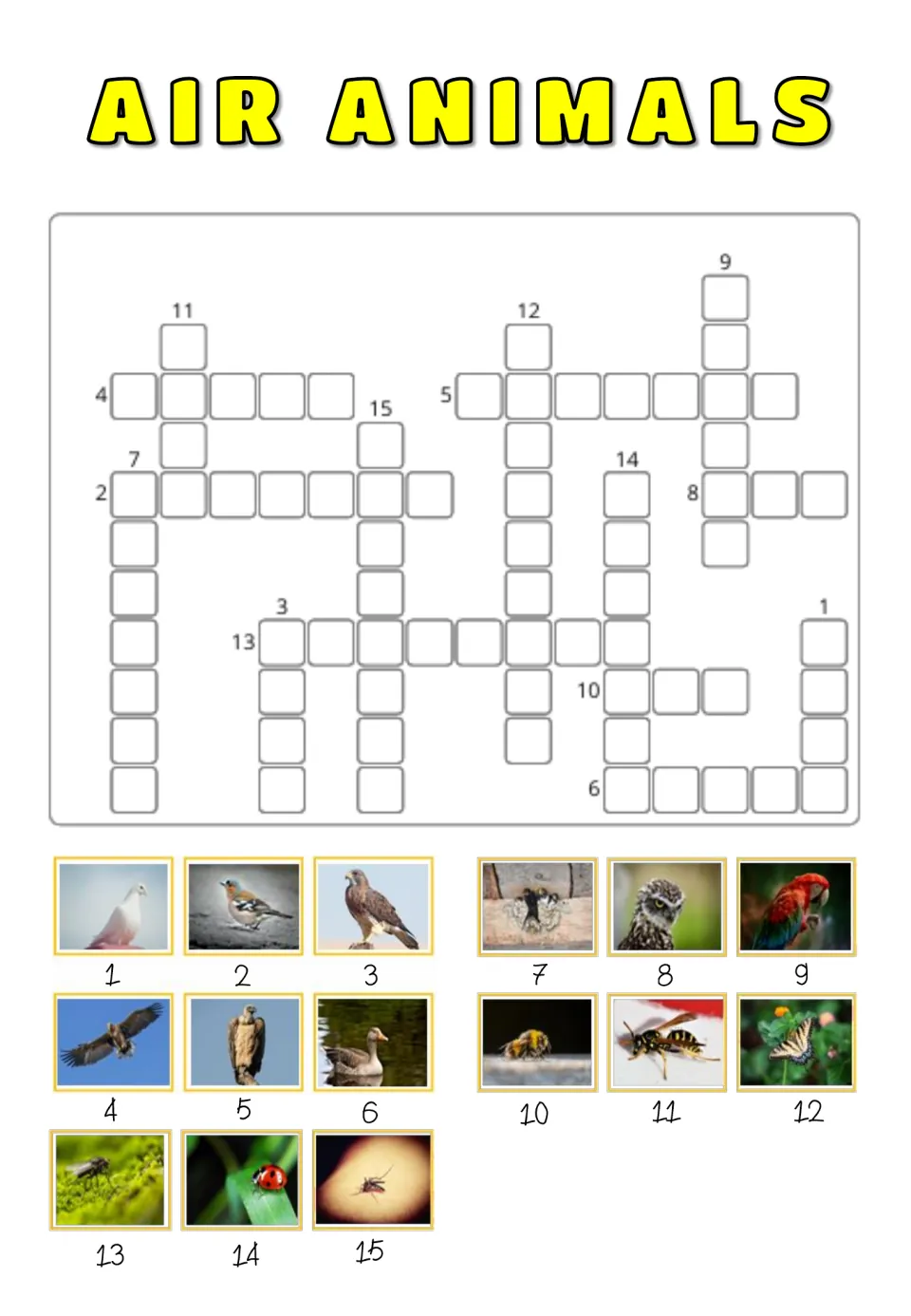 Air Animals picture crossword: students use 15 numbered photos of birds and insects, like a dove and ladybug, as clues