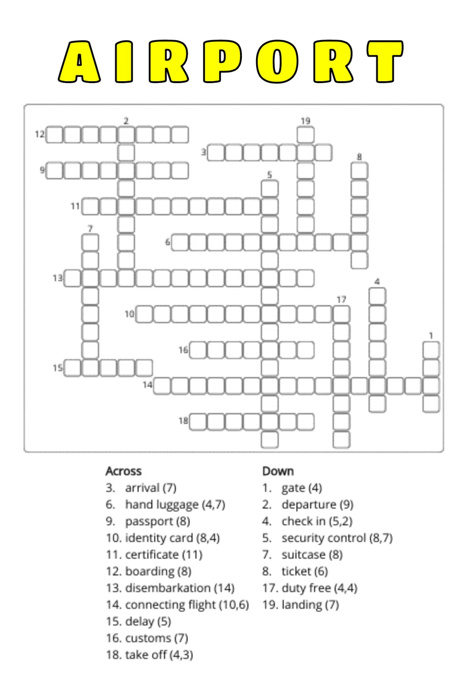 Airport vocabulary crossword: students fill in 19 numbered words like arrival and passport using letter counts as hints