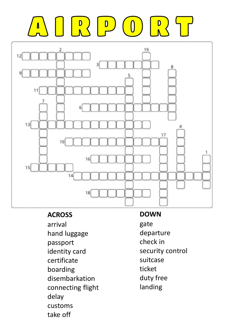 Airport crossword with Across and Down word lists but no numbers; students work out where each travel word fits