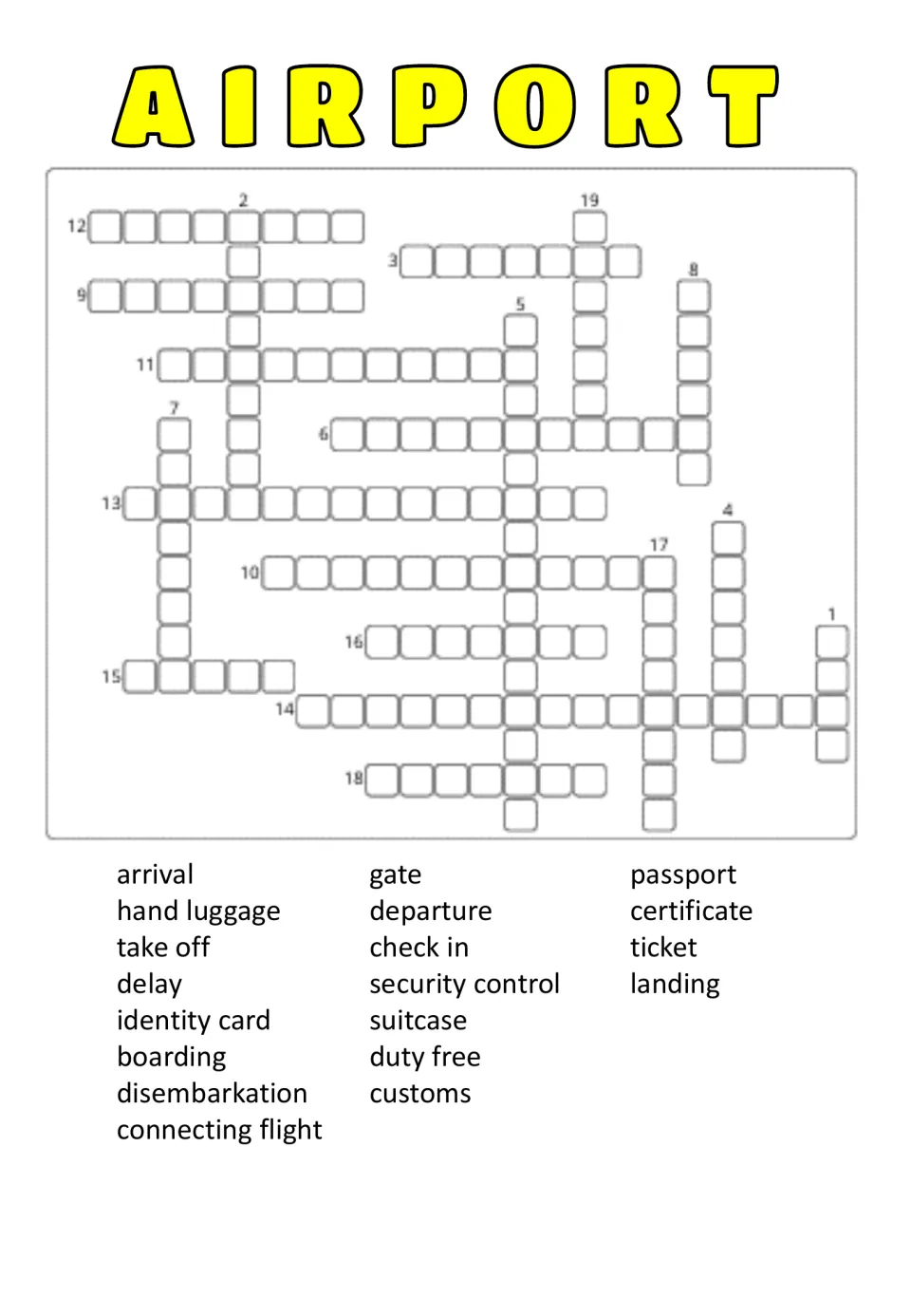 Airport crossword with one mixed word bank of 19 terms such as customs and duty free; students decide where each goes