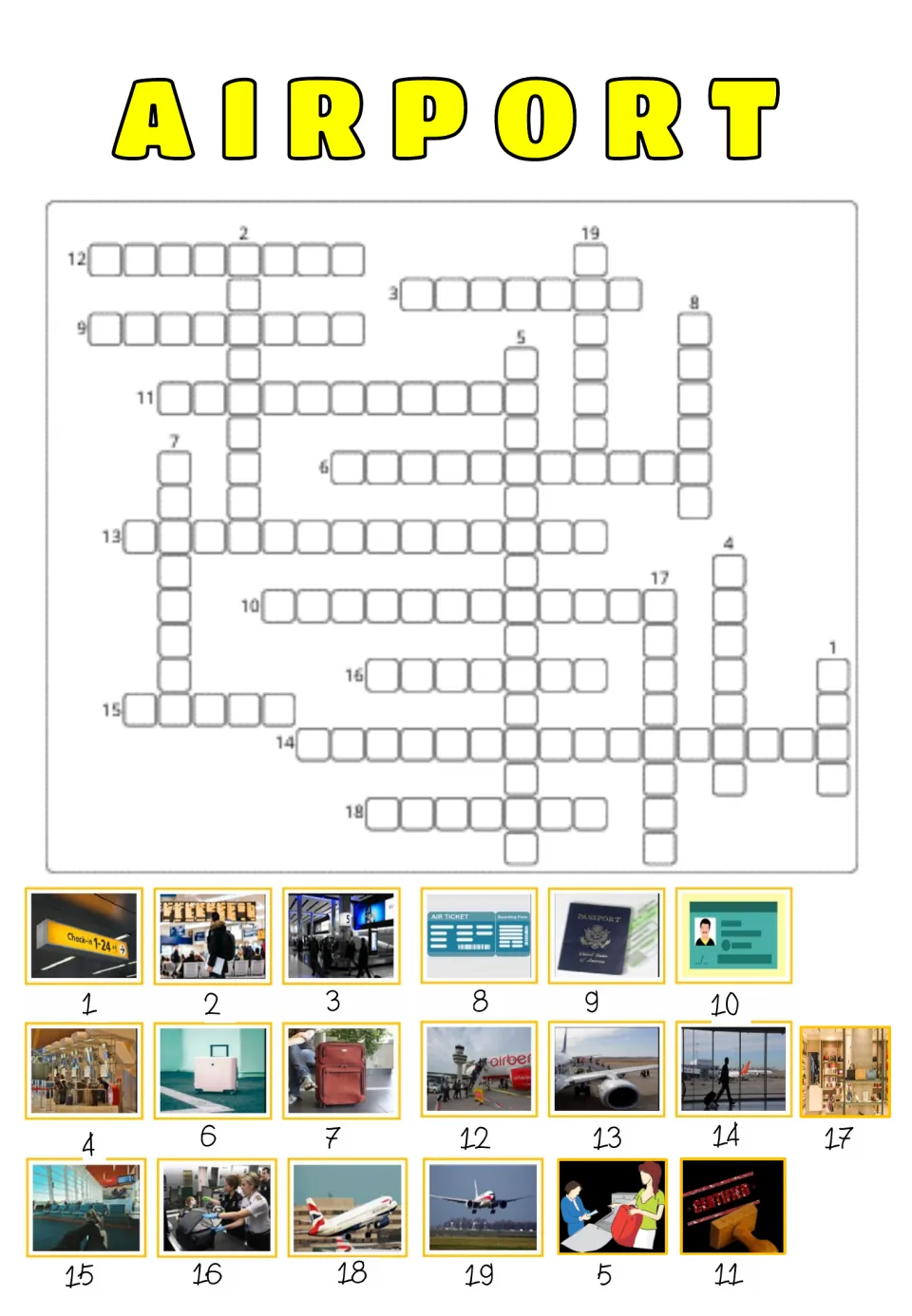 Airport picture crossword: each photo clue, such as a passport, suitcase or check-in sign, is numbered to match the grid