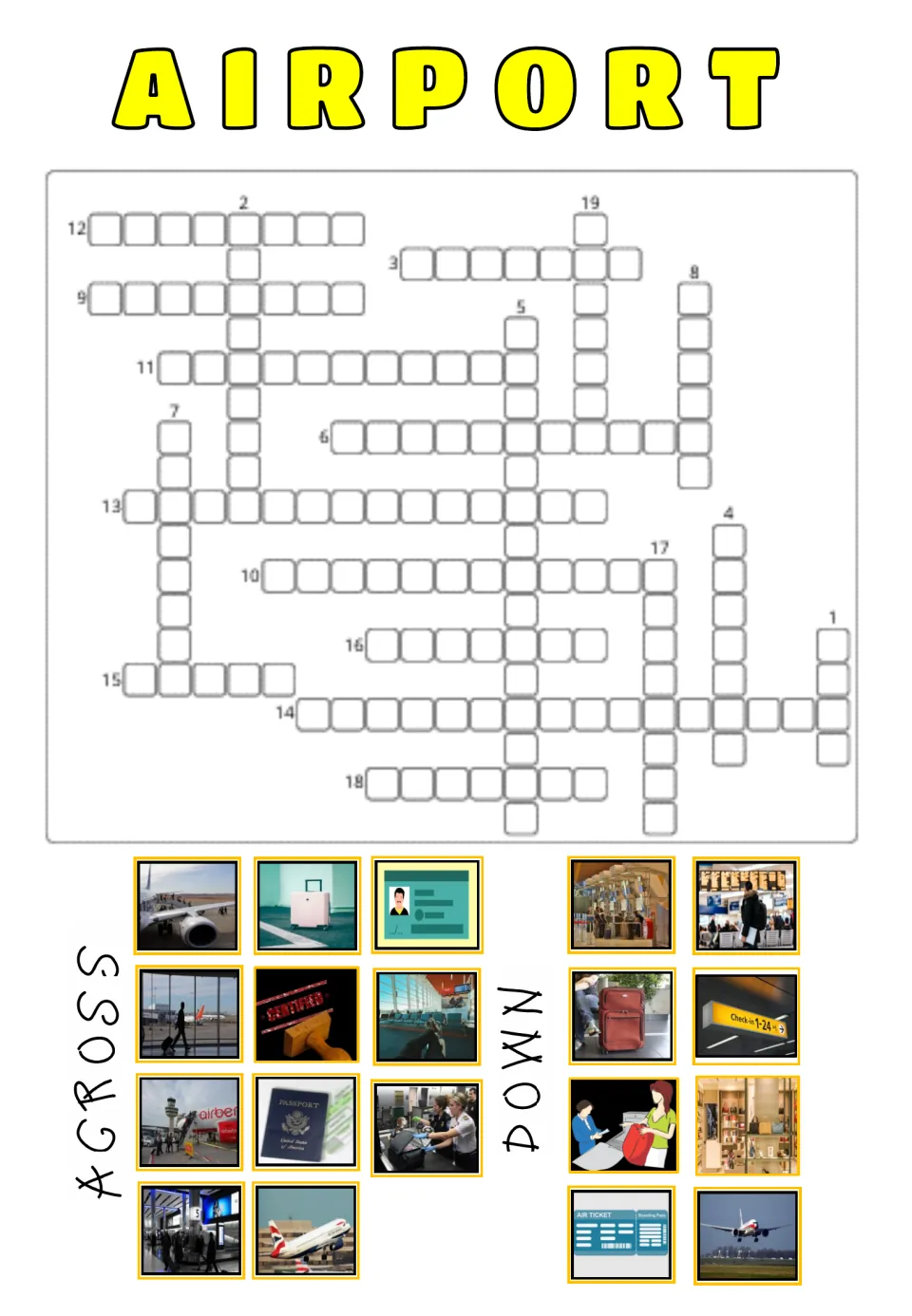 Airport picture crossword with unnumbered photo clues sorted into Across and Down groups; students match images to entries
